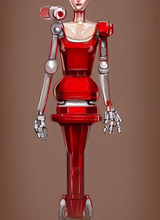 Prompt: a robot wearing a maid dress, red dress, full body shot, highly detailed, digital painting, artstation, concept art, smooth, sharp focus, illustration