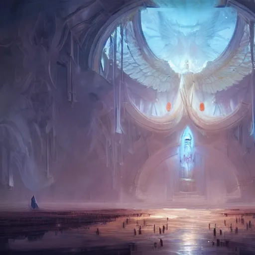 Image similar to concept art of absolutely gorgeous rendition of heaven and beautiful marble structure with many spirits and angels, artstation, glorious lighting, heavenly perfection. painterly strokes by dreadjim and greg rutkowski, james gurney, iridescent lighting and colors