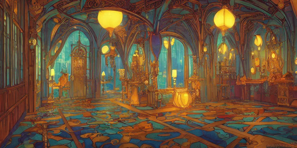 Prompt: an art nouveau decorated alchemy room, magical, bright, colorful, fantastic lighting, amazing details, 4 k uhd, illustration by hayao miyazaki and makoto shinkai and ilya kuvshinov, artstation, pixiv,