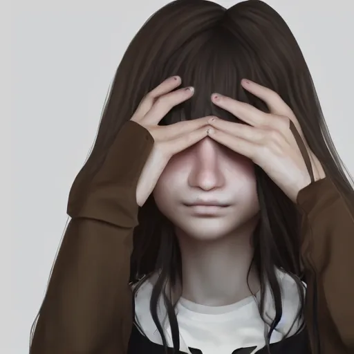 Prompt: girl covers her eyes with her hands, solemnly frowning melancholically, digital art, trending on behance, trending on artstation, 4 k, 8 k, artstation 3 d, artstation render, artstation 3 d render, 3 d art, unreal engine 3 d, octane 3 d, blender 3 d, 3 d landscape