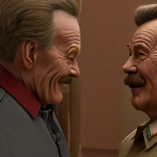 Image similar to Bryan Cranston hugging Stalin, 4k, photorealistic, hd, realistic, insanely detailed