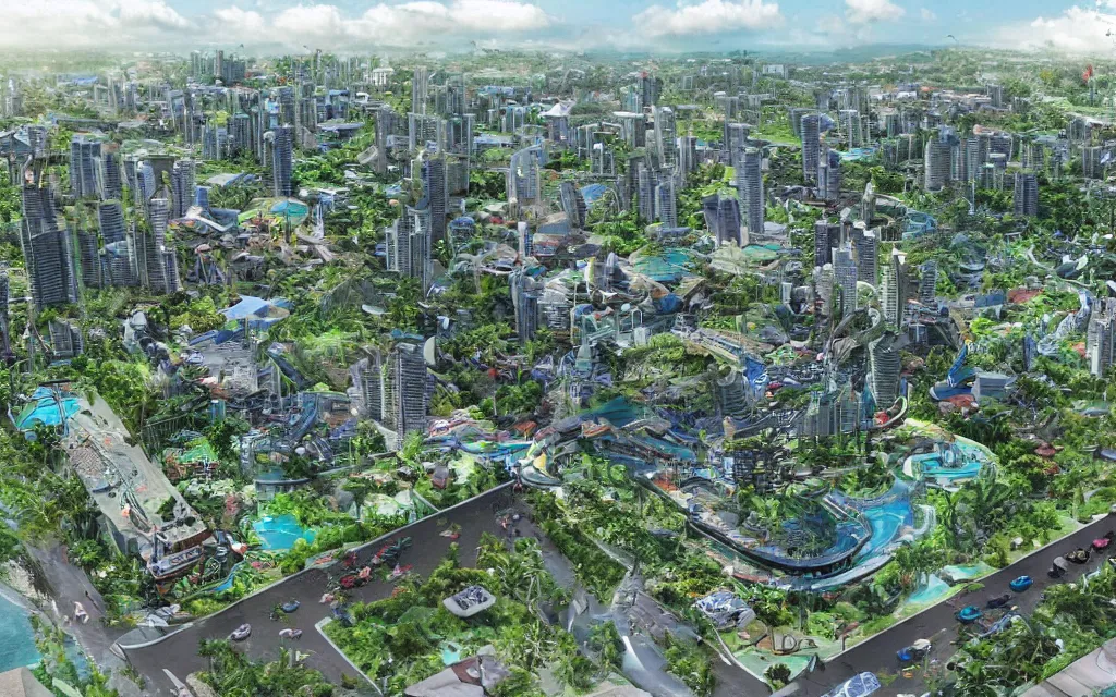Prompt: future city of denpasar bali in the year 2 1 0 0, perfect faces.