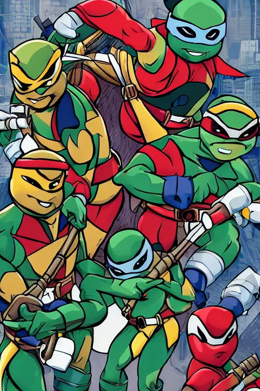 Prompt: the teenage mutant ninja turtles as power rangers, mosaic