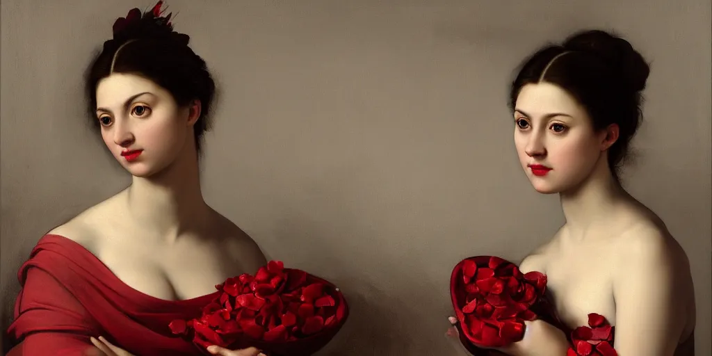 Image similar to beautiful oil matte portrait painting, woman in a red dress covered in rose petals, wonderful masterpiece highly detailed, beautiful cinematic light deep focus, elegant, digital painting, smooth, sharp focus, golden ratio, dramatic illumination, ultra realistic, 8 k, art by artemisia lomi gentileschi and caravaggio