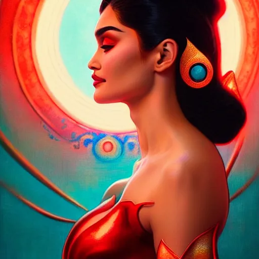 Image similar to pia wurtzbach as darna, volumetric lights, red and cyan theme, art nouveau botanicals, intricate, highly detailed, digital painting, artstation, concept art, smooth, sharp focus, cinematic, illustration, beautiful face, art by artgerm and greg rutkowski and alphonse mucha