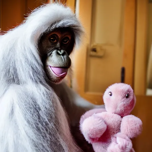 Image similar to an orangutan holding a stuffed grey bunny, in a girls bedroom, wearing makeup and lipstick, wearing a big fluffy pink dress, 24mm