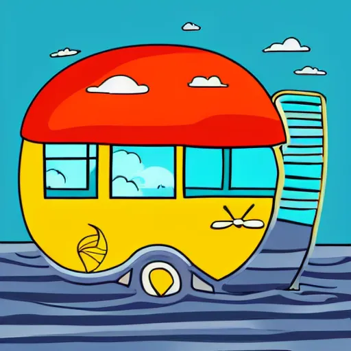 Image similar to beautiful cute cozy very little rv by the water, sunset, puffy cute clouds, cute simple cartoon, vector, white background, watercolor, 4 colors!!!