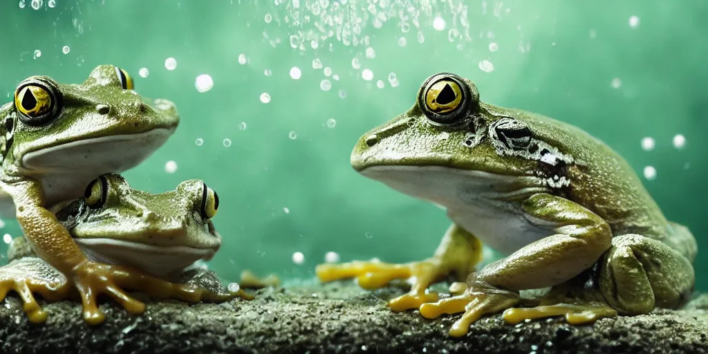 Image similar to a very intricately detailed underwater photo of a frogs cuddling. a lot of bubbles, diffracting the light. extreme detail, artstation hq, 8 k