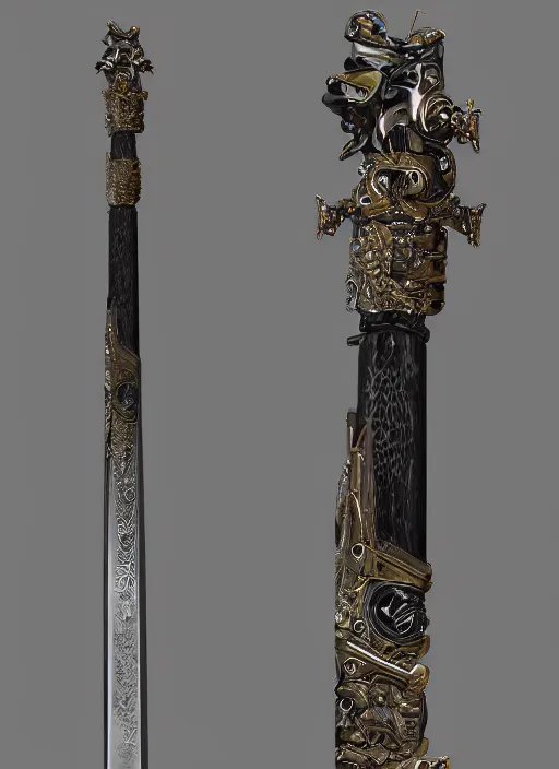 Image similar to hyper realistic glorious ancient katana sword in a obsidian metal armor, futuristic design, designed by makoto kobayashi and luca zampriolo, portrait, cyberpunk style, wood and gold details, intricate, extremely detailed, ornate, deep of field, hard surface, exoskeleton, substance designer metal unreal engine. amazing likeness. very detailed.