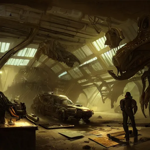 Image similar to inside of a alien hunters workshop, by Cedric Peyravernay, highly detailed, excellent composition, cinematic concept art, dramatic lighting, trending on ArtStation