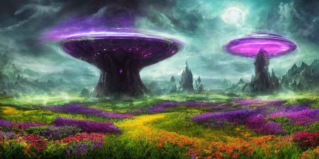 Prompt: fantasy landscape, the alien mothership landing in a field of flowers