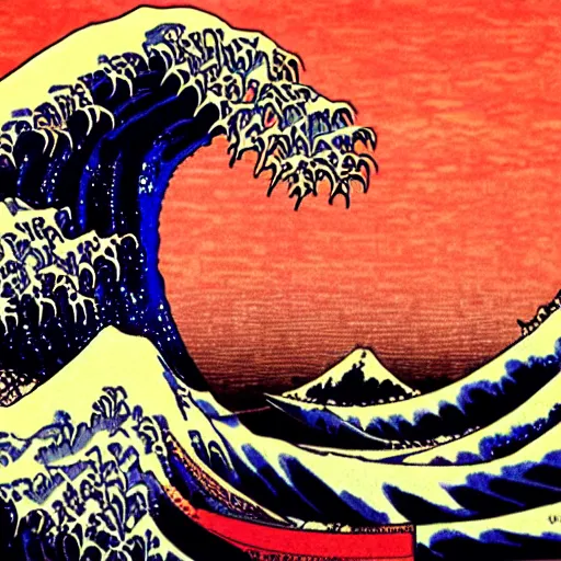 Prompt: digital waves woodblock print by the Japanese ukiyo-e artist Hokusai, matrix, binary, cyberpunk, synthwave