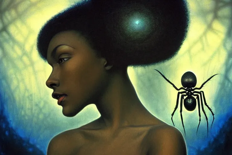 Image similar to realistic detailed photorealistic film portrait shot of a beautiful black woman with a giant spider, sci-fi city landscape background by Denis Villeneuve, Amano, Yves Tanguy, Alphonse Mucha, Ernst Haeckel, Max Ernst, Andrei Tarkovsky, Edward Robert Hughes, Roger Dean, necklace, dynamic pose, rich moody colours, wide angle, blue eyes