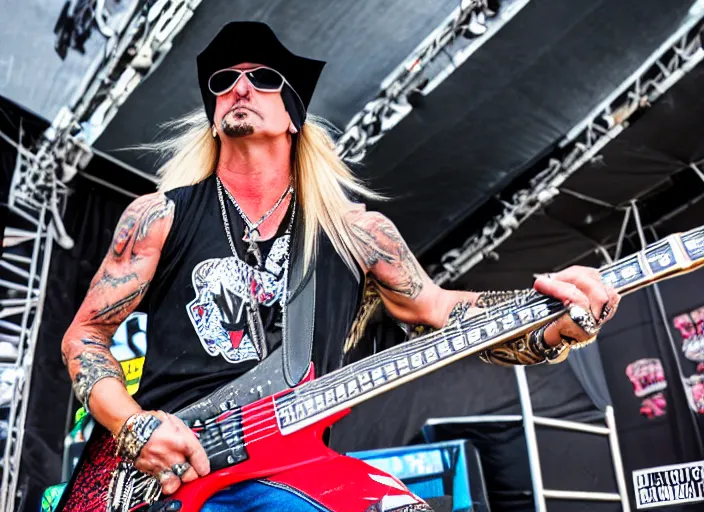 Image similar to photo still of brett michaels on stage at vans warped tour!!!!!!!! at age 4 8 years old 4 8 years of age!!!!!!!! shredding on guitar, 8 k, 8 5 mm f 1. 8, studio lighting, rim light, right side key light