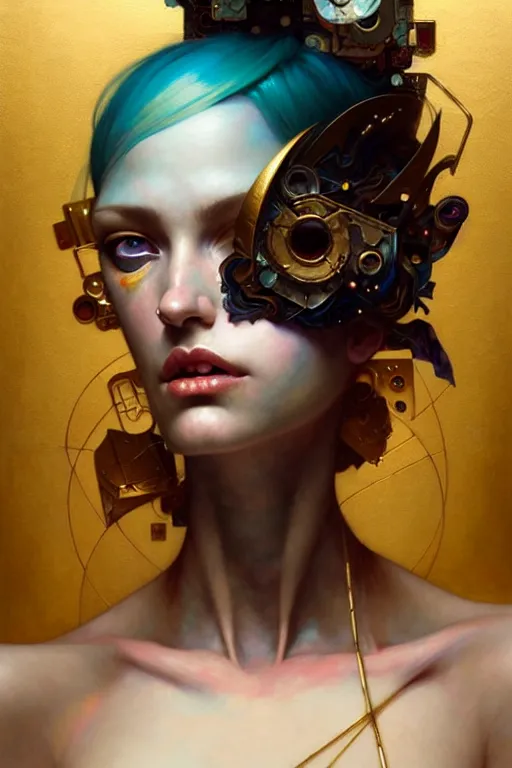 Prompt: portrait, patchwork doll, cyberpunk, elegant baroque, asymmetrical art, emotional, hyperrealism, colorful, vivid, imposing, epic, abstract texture, gold leaf texture, artstation, concept art, by peter mohrbacher and wlop and rhads and artgerm and magali villeneuve and alphonse mucha