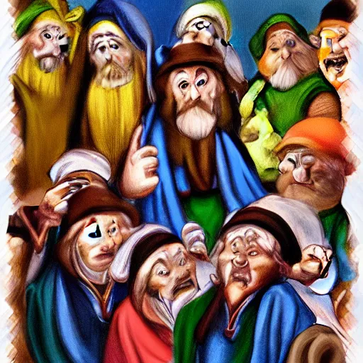 Image similar to seven dwarves in catholic religious garb with halos, background of poison apples, digital painting, glow realism