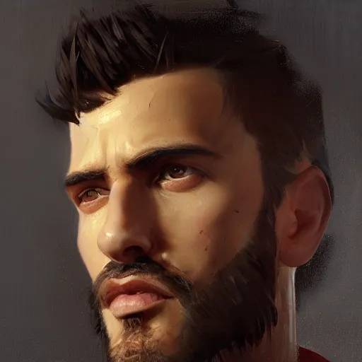 Image similar to An oil painting of a man dressed in priest robes, 30 years old, chad jaw line, short black hair, trimmed beard, sharp facial features, beautiful, highly detailed, by Cédric Peyravernay, trending on artstation
