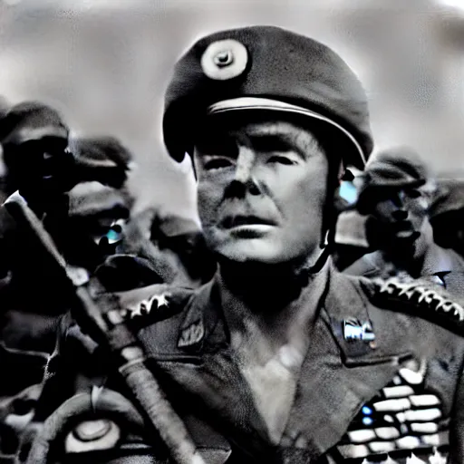 Image similar to donald trump as a soldier in vietnam, riding tank, kodak, film still, blue tint