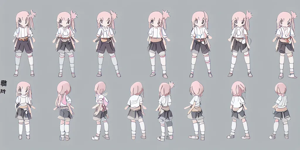 Image similar to a magical adventurer little girl character anime model sheet; in the magical studio ghibli anime; character outfit concepts; trending on artstation, highly detailed, clean lineart