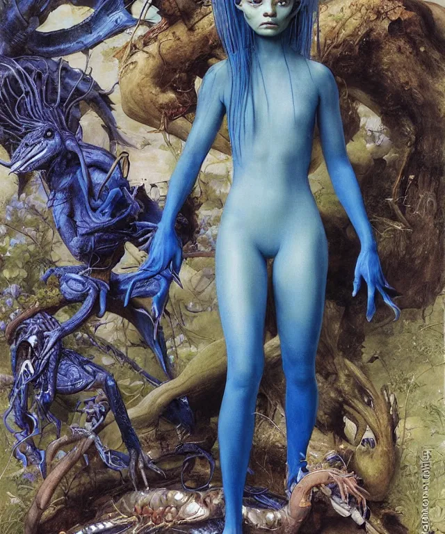 Image similar to a portrait photograph of a blue skinned alien succubus with slimy amphibian skin being transformed into a bird. she looks like sadie sink and is wearing a colorful infected sleek organic catsuit. by donato giancola, hans holbein, walton ford, gaston bussiere, peter mohrbacher and brian froud. 8 k, cgsociety, fashion editorial