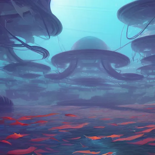 Prompt: underwater city wide angle kelp trees, retro futuristic, domes in the style of dinotopia, Yanjun Cheng and Hsiao-R