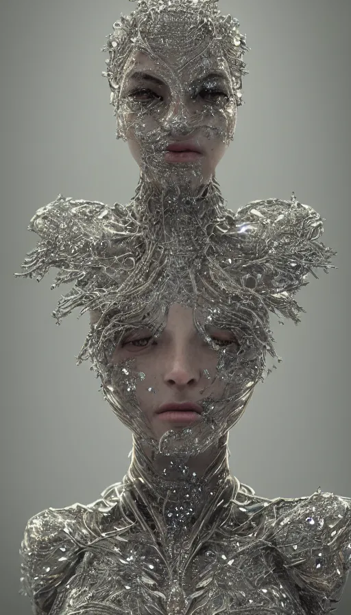 Image similar to full body detailed, ethereal, biomechanical, covered in diamonds and other gems glowing, highly detailed face, elegant posed, intricate, extremy detailed, beeple, cgsociety, 3 d unreal engine octane render. cinematic lighting, highly detailed 4 k art