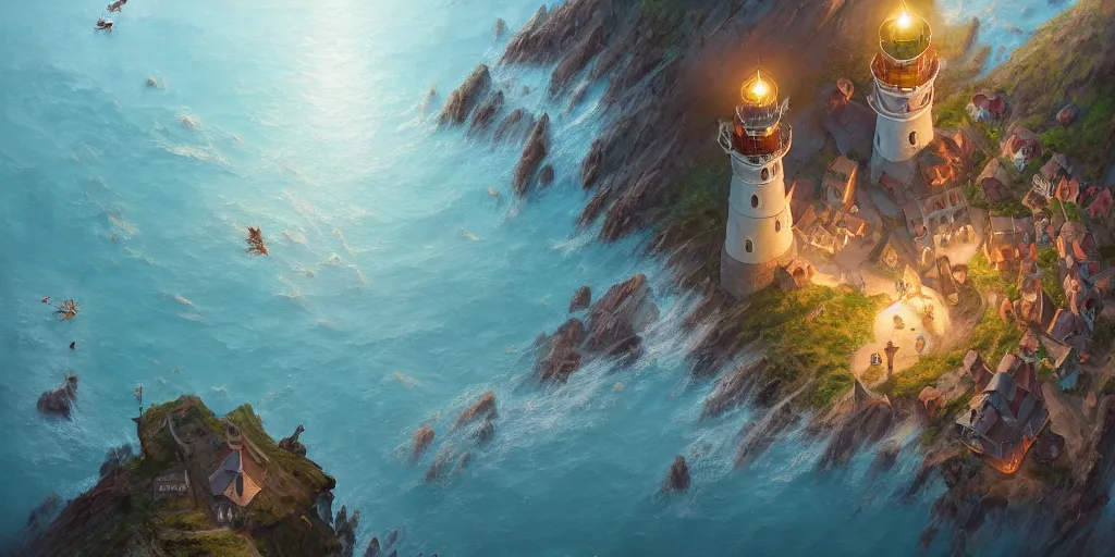 Image similar to Cozy small fantasy village on a cape with a lighthouse, fishing boats, view from above. In style of Greg Rutkowski, Jesper Ejsing, Makoto Shinkai, trending on ArtStation, fantasy, great composition, concept art, highly detailed, scenery, 8K, Behance.