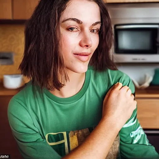 Prompt: a candid portrait of a brunette female, young, athletic, australian, pixellated face, wearing a gold tshirt in a kitchen, closeup