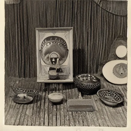 Image similar to an offset photography of an object on display, three colors, ( anthropology of wonder ), ( ( exotic artifacts ) ), bauhause, ( tropicalism ), ( colonial expedition ), exhibition, 6 0 s style, 1 2 0 0 dpi