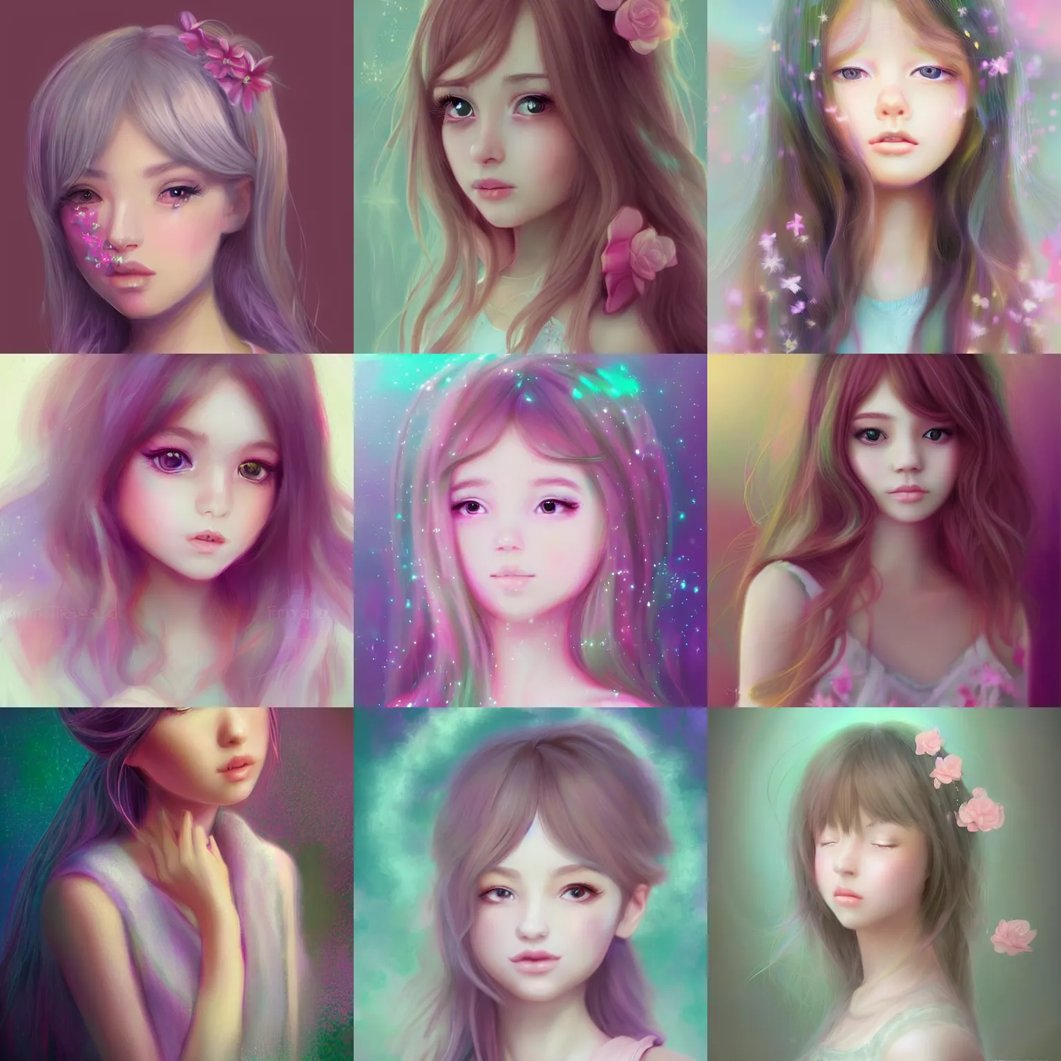 Prompt: beautiful girl portrait in extremely cute realistic WLOP digital art style with bloom ethereal effects, trending on Artstation, made by Tran Ross feminine in pastel shades