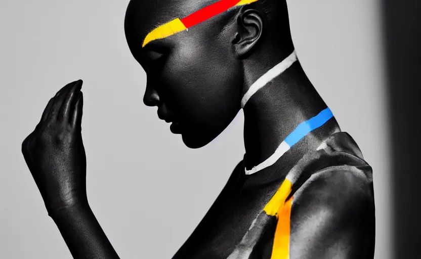 Image similar to extremely beautiful female black marble statue in the style of virgil abloh, colorful motocross logos behind her, sharp focus, clear, detailed,, cinematic, detailed, off white, glamourous, symmetrical, vogue, editorial, fashion, magazine shoot, glossy