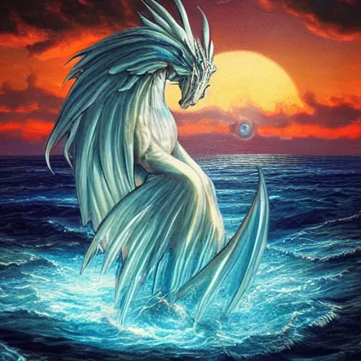 Prompt: a beautiful, celestial, oceanic drakopegasus rising from the sea, fantasy art,