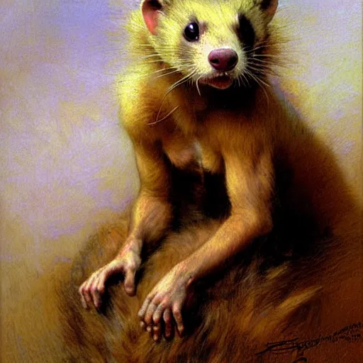 Image similar to a portrait of a furry ferret wearing clothes, hairy, furry body, furry arms, feet, tail. highly detailed painting by gaston bussiere, craig mullins, j. c. leyendecker, furry