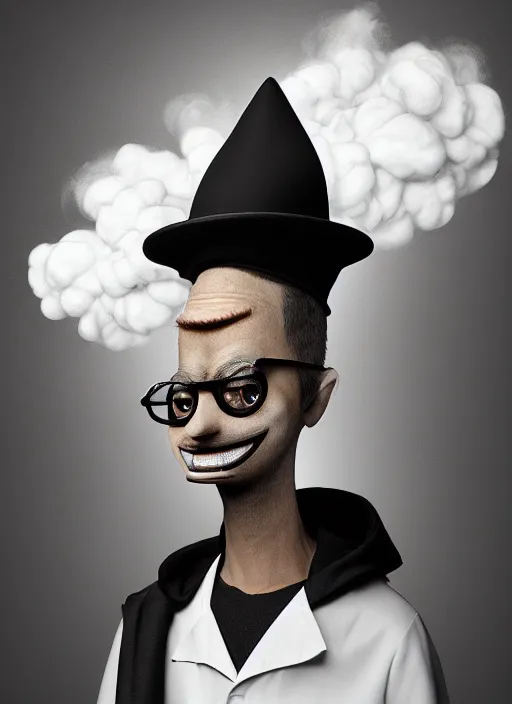 Image similar to an anthropomorphic beautiful male scientist portrait blowing smoke wearing black hoodie robe, binocular, fine art, award winning, intricate, elegant, sharp focus, octane render, hyperrealistic, wizard hat cinematic lighting, highly detailed, digital painting, 8 k concept art, art by jamie hewlett and z. w. gu, masterpiece, trending on artstation, 8 k