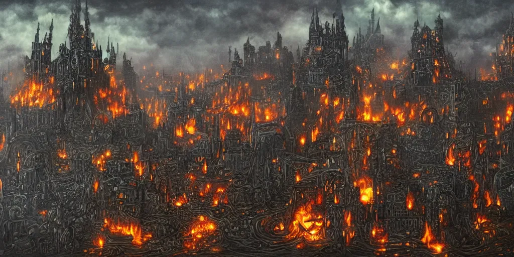 Image similar to Chained fantasy city in hell, by Carl Laubin, with blackened steel chains rising to the sky and castles. Dramatically lit, with intricate details and colours of flame and smoke
