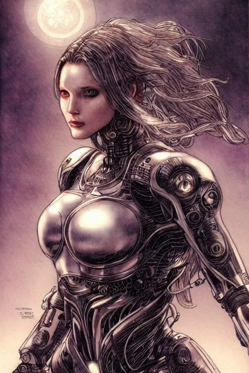 Prompt: Elizabeth Olson is a beautiful robot fighter pilot, fantasy, portrait, sharp focus, intricate, elegant, illustration, ambient lighting, art by Luis Royo