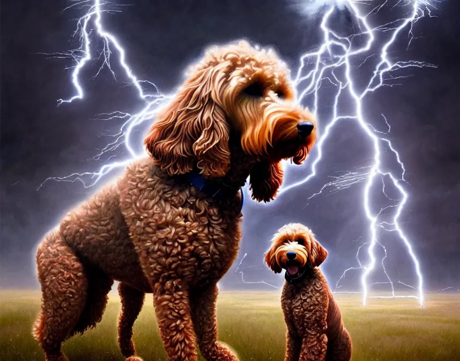 Prompt: an epic painting of a brown goldendoodle as zeus, shooting lightning bolts from his paws, by alex grey and greg rutkowski, intricate details, artstation, cinematic, hd, beautiful