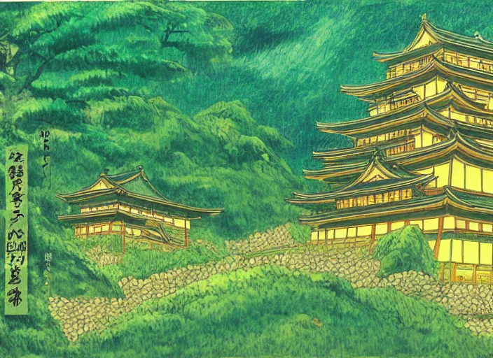 Image similar to japanese yellow fortress in a city inside the bamboo forest by studio ghibli painting