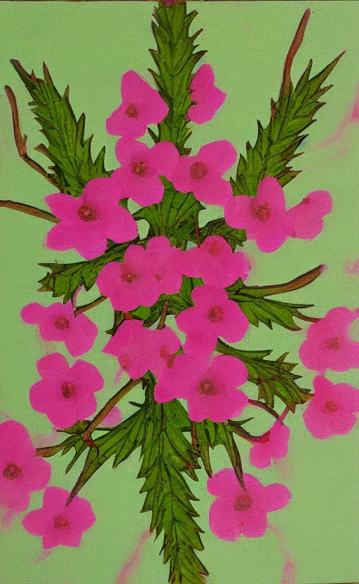 Prompt: painting of green thorn crown with pink little flowers