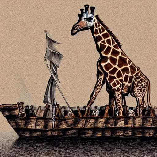 Prompt: giraffe dressed as a pirate on a wooden ship, hand drawn hyperreal hd