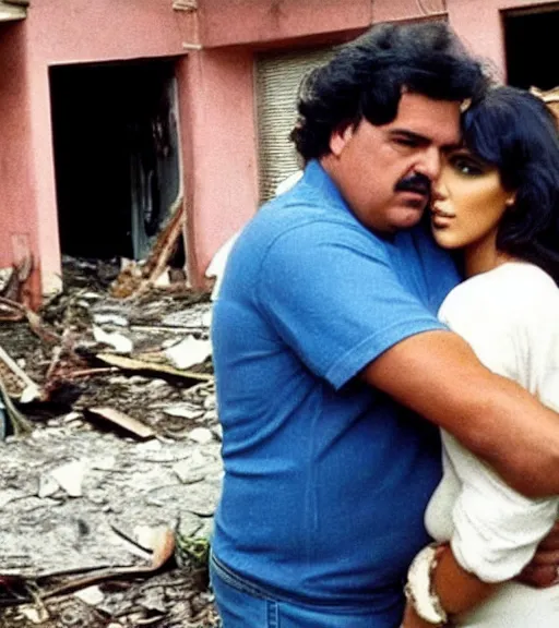 Prompt: Pablo Escobar hugging kim kardashian inside an abandoned house