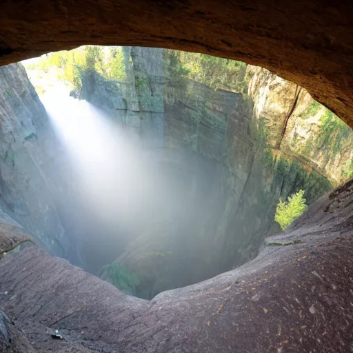 Image similar to vast interior chamber of a large, natural gorge, sunlight visible from above