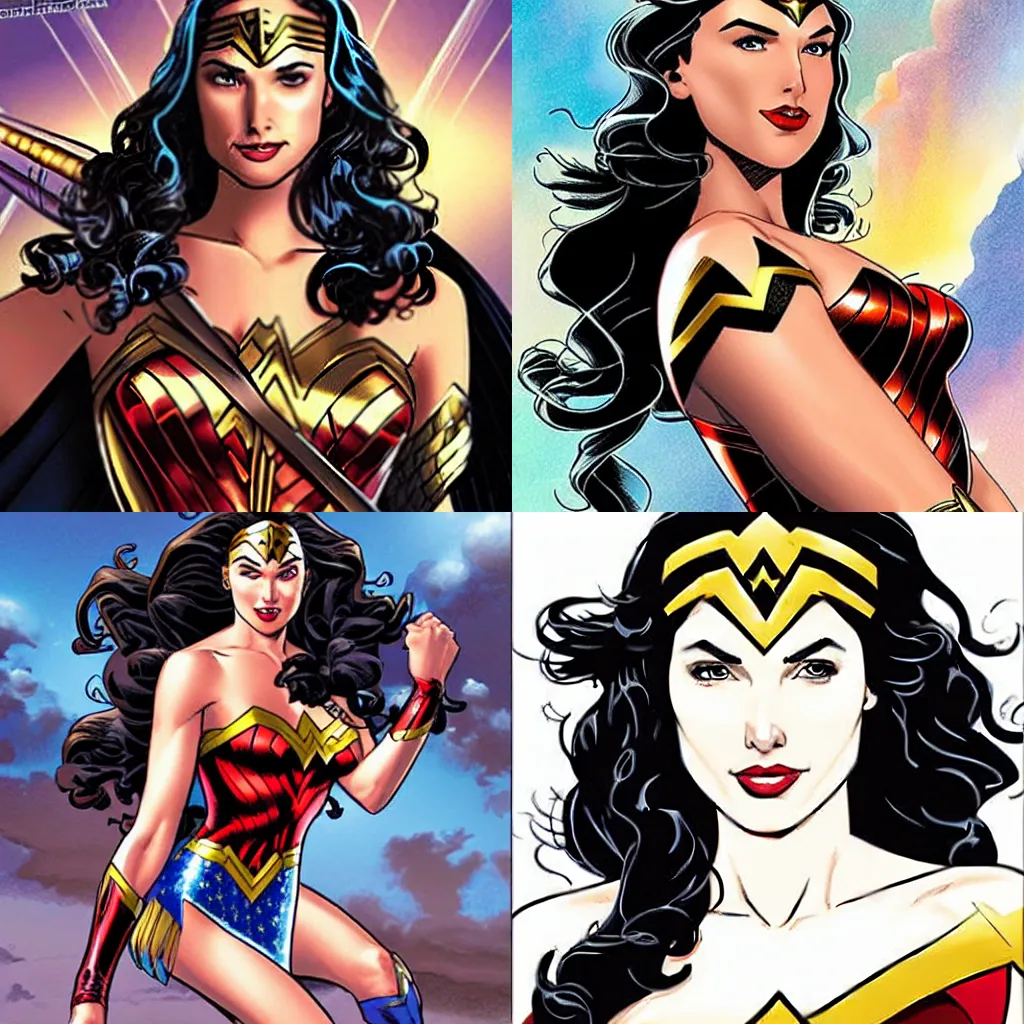 Prompt: Gal Gadot as wonder woman by Greg Land comic illustrations