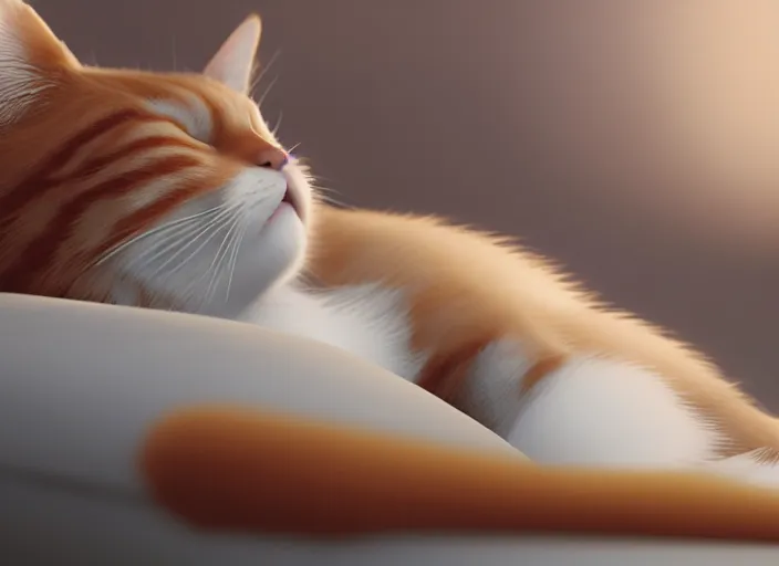 Image similar to a portrait of ginger cat, sleeping on a grey couch, close up, sun - rays, studio ghibli, pixar and disney animation, sharp, rendered in unreal engine 5, anime key art by greg rutkowski, bloom, dramatic lighting