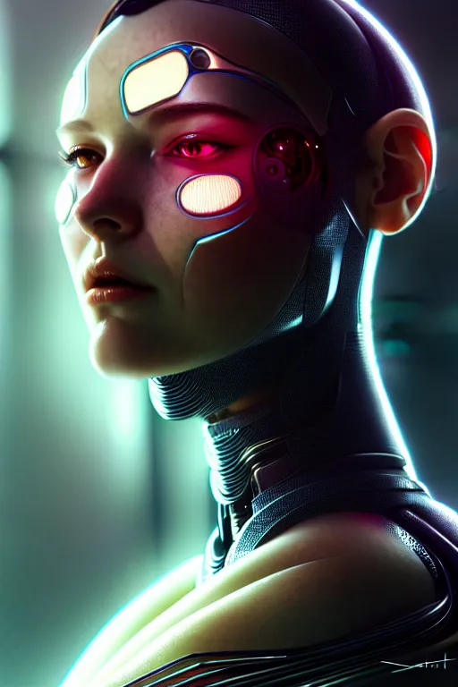 Image similar to portrait of ultra realistic, beautiful cyborg woman, metahuman, sci-fi, fantasy, cyberpunk, intricate, elegant, highly detailed, digital painting, octane render, artstation, concept art, smooth, sharp focus, eerie, illustration, 8k, HD, art by artgerm and giger and alphonse mucha