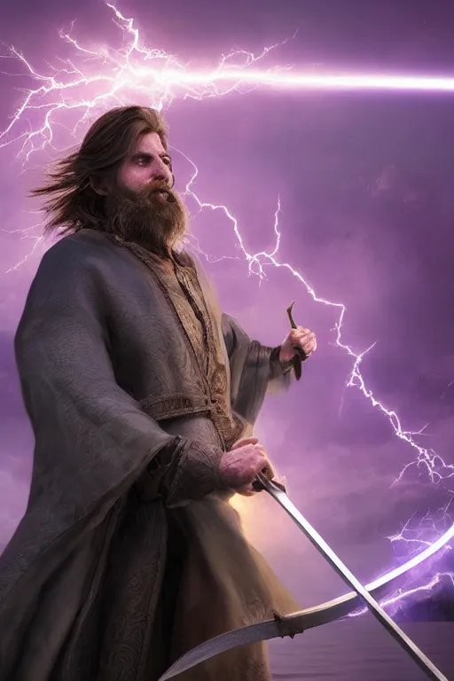 Image similar to hyper realistic wizard holding a sword that’s pointed towards the sky, getting shocked by purple lightning, levitating over a lake, octane, trending on artstation, hyper realistic, highly detailed, unreal engine, amazing depth of field, 8k