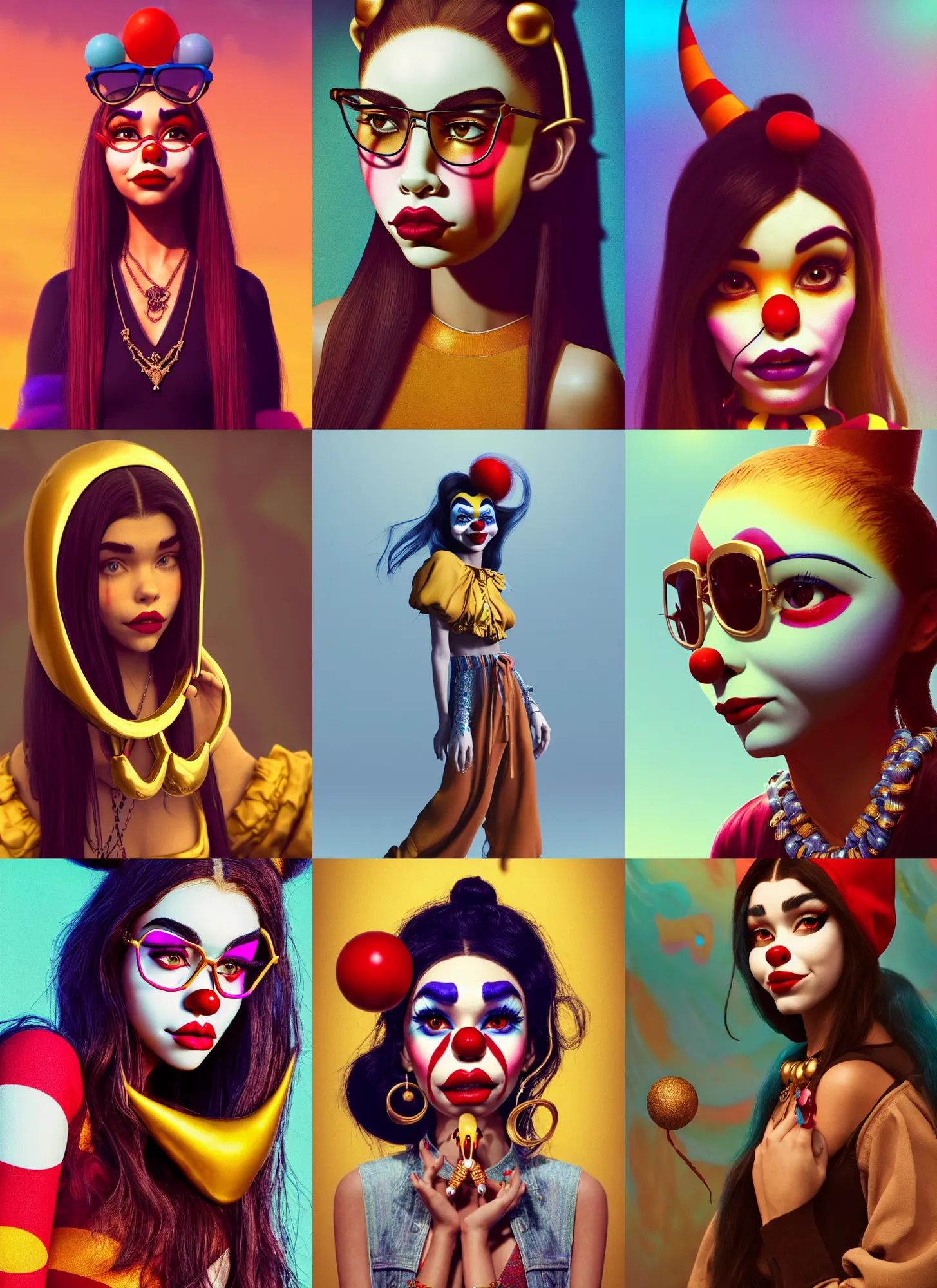 Prompt: madison beer as a clowncore hipster | jewelry | glamorous oily soft polished rich alluring ornate modern | weta disney pixar movie still photo | hi - fructose, sci fi fantasy, golden ratio, smooth, octane render, sharp focus, artstation, concept art | mucha, beeple |