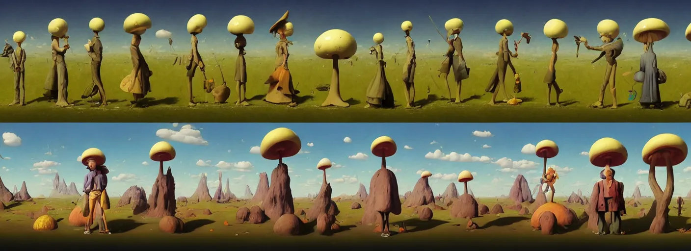 Image similar to full - body surreal colorful clay toadstool rpg character concept art anatomy, action pose, very coherent and colorful high contrast masterpiece by norman rockwell franz sedlacek hieronymus bosch dean ellis simon stalenhag rene magritte gediminas pranckevicius, dark shadows, sunny day, hard lighting, reference sheet white! background