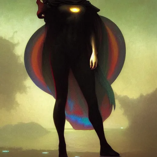 Image similar to concept art painting of beautiful figure the called the moonbow queen in a black cloak, a rainbow in the dark, colorful, by Michael Whelan, William Adolphe Bouguereau, and Donato Giancola, highly rendered, beautiful, cyberpunk, artstation, extremely moody lighting, glowing light and shadow, atmospheric, shadowy, cinematic, 8K