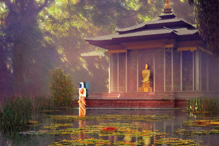 Image similar to temple, buddhism, impressionnisme, painting by greg rutkowski, artgerm, claude monet